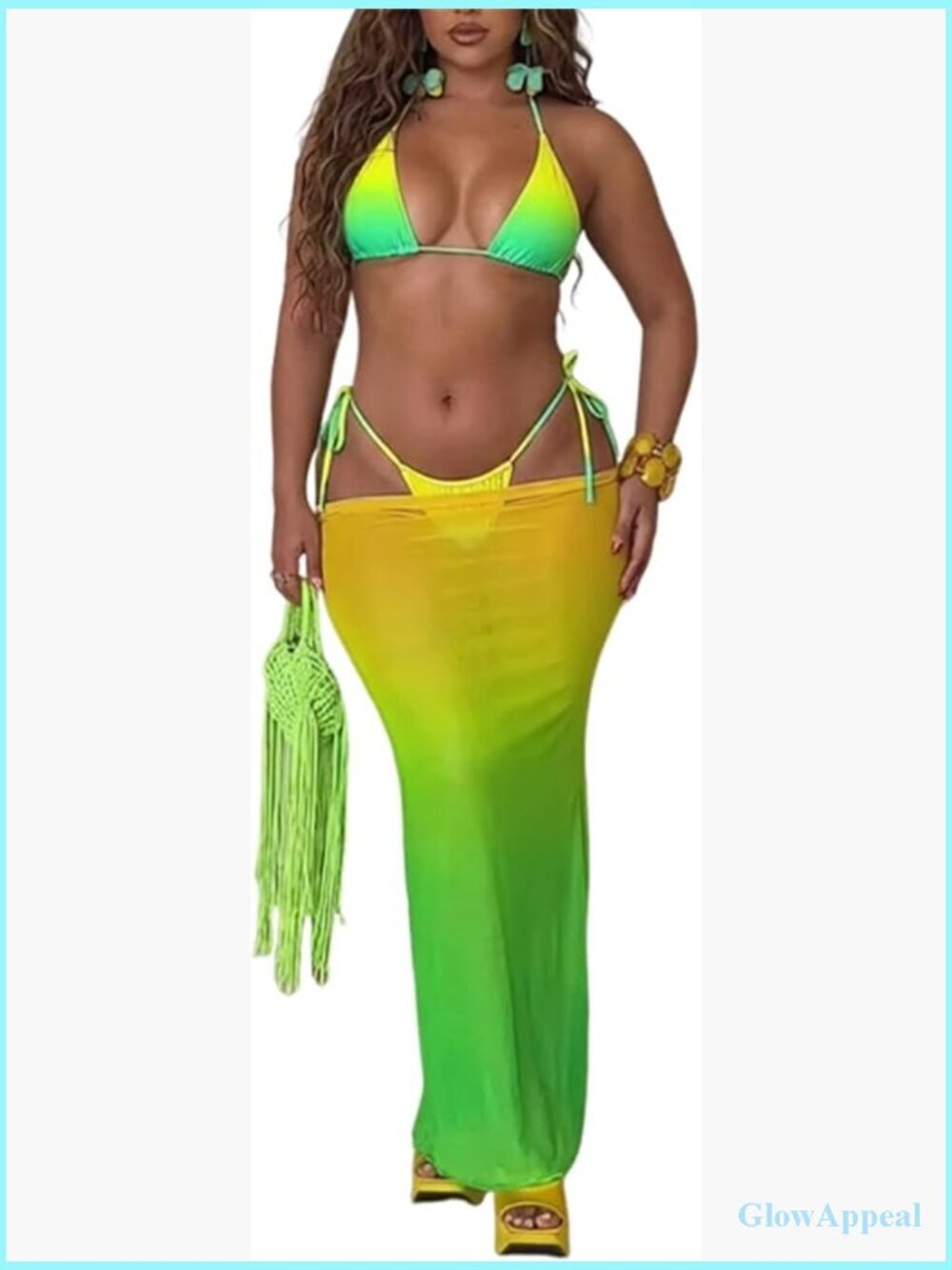 Sexy 3 Piece Bikini Set with Sheer Mesh Maxi Skirt Cover Up
